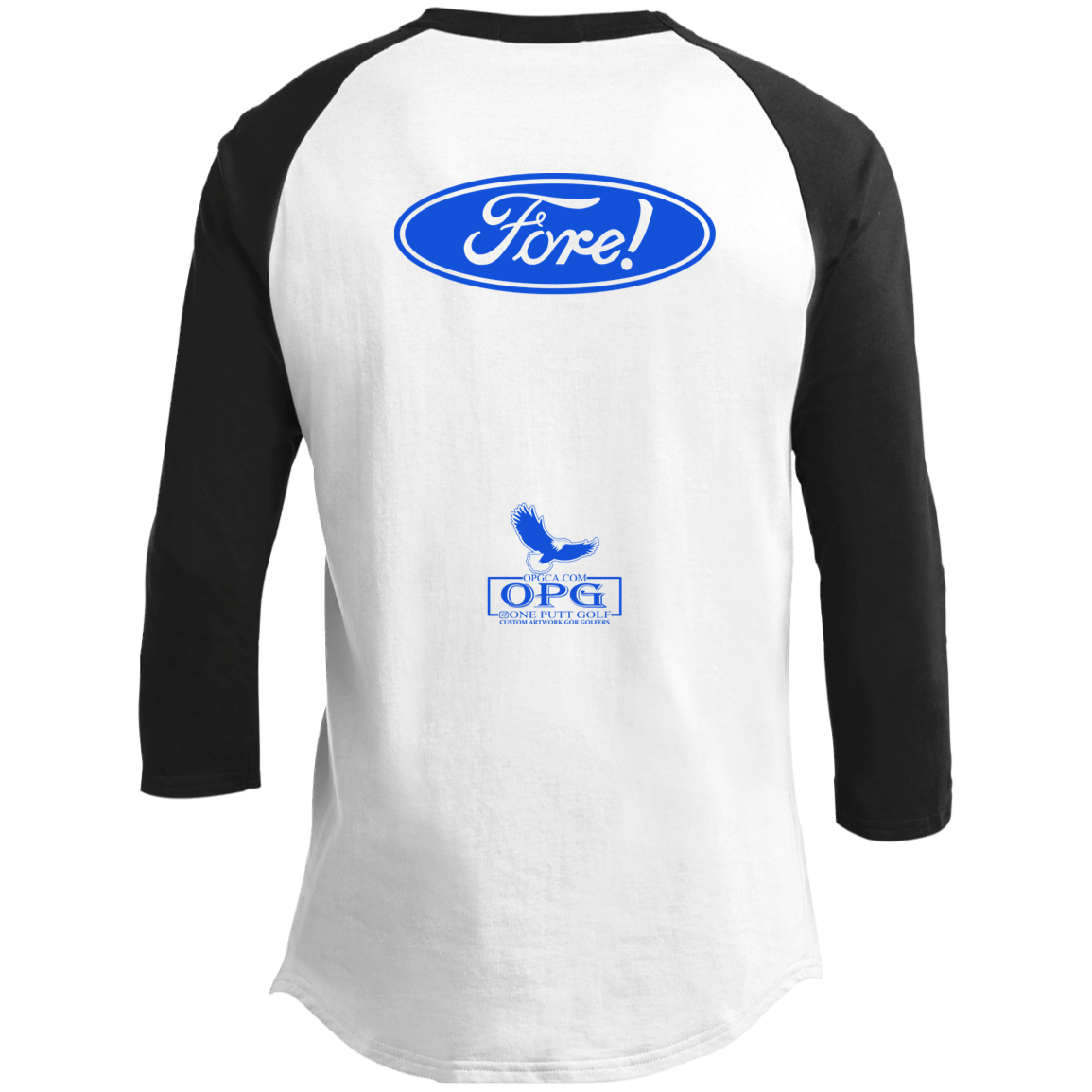 OPG Custom Design #11. Fore! Ford Parody. 3/4 Raglan Sleeve Shirt 100% Ringspun Combed Cotton