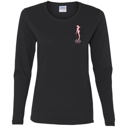 OPG Custom Design #10. Lady on Front / Flag Pole Dancer On Back. Ladies' Cotton LS T-Shirt