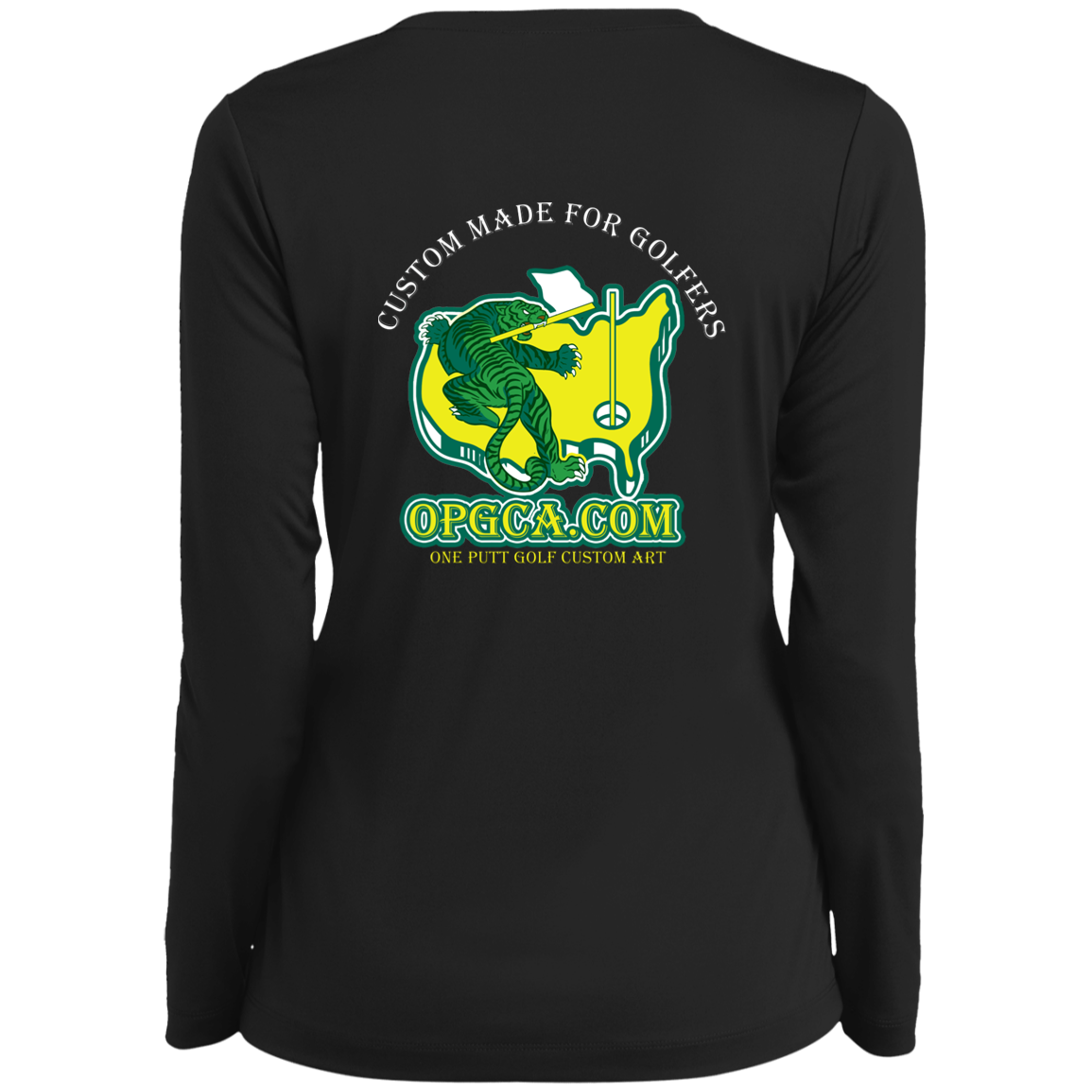 OPG Custom Design #26. Tiger Woods Fan Art. 2019 Master's Champion. Ladies’ Long Sleeve Performance V-Neck Tee