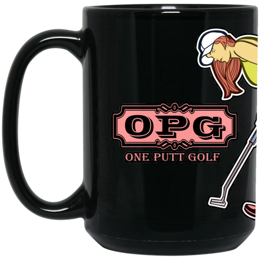 OPG Custom Design #7. One Putt Golf Brand. Female Golfer. Golf. 15 oz. Black Mug