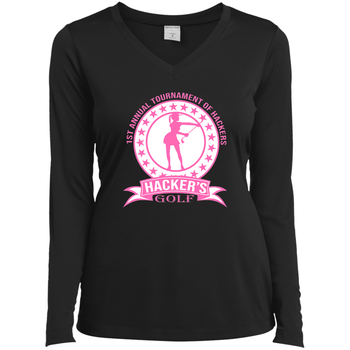 ZZZ#20 OPG Custom Design. 1st Annual Hackers Golf Tournament. Ladies Edition. Ladies’ Long Sleeve Performance V-Neck Tee