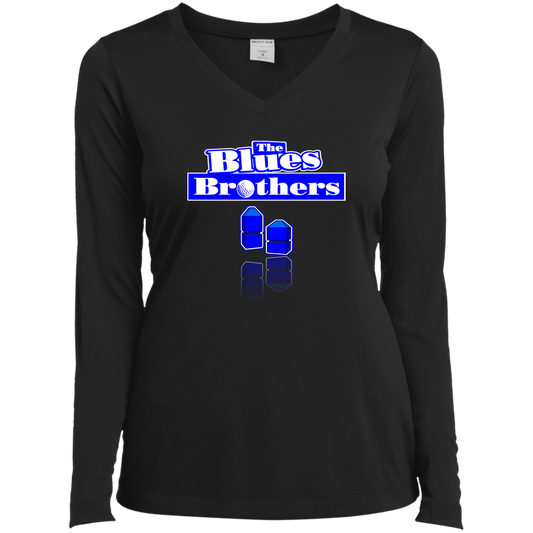 OPG Custom Design #3. Blue Tees Blues Brothers Fan Art. Ladies’ Long Sleeve Performance V-Neck Tee