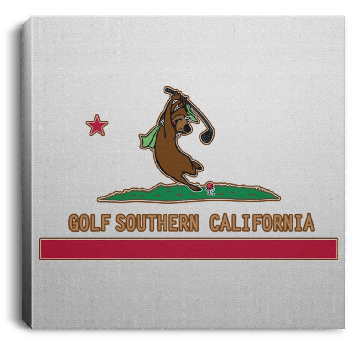 OPG Custom Design #9. Golf Southern California. California State Flag / Yogi Bear Playing Golf Parody. Square Canvas .75in Frame