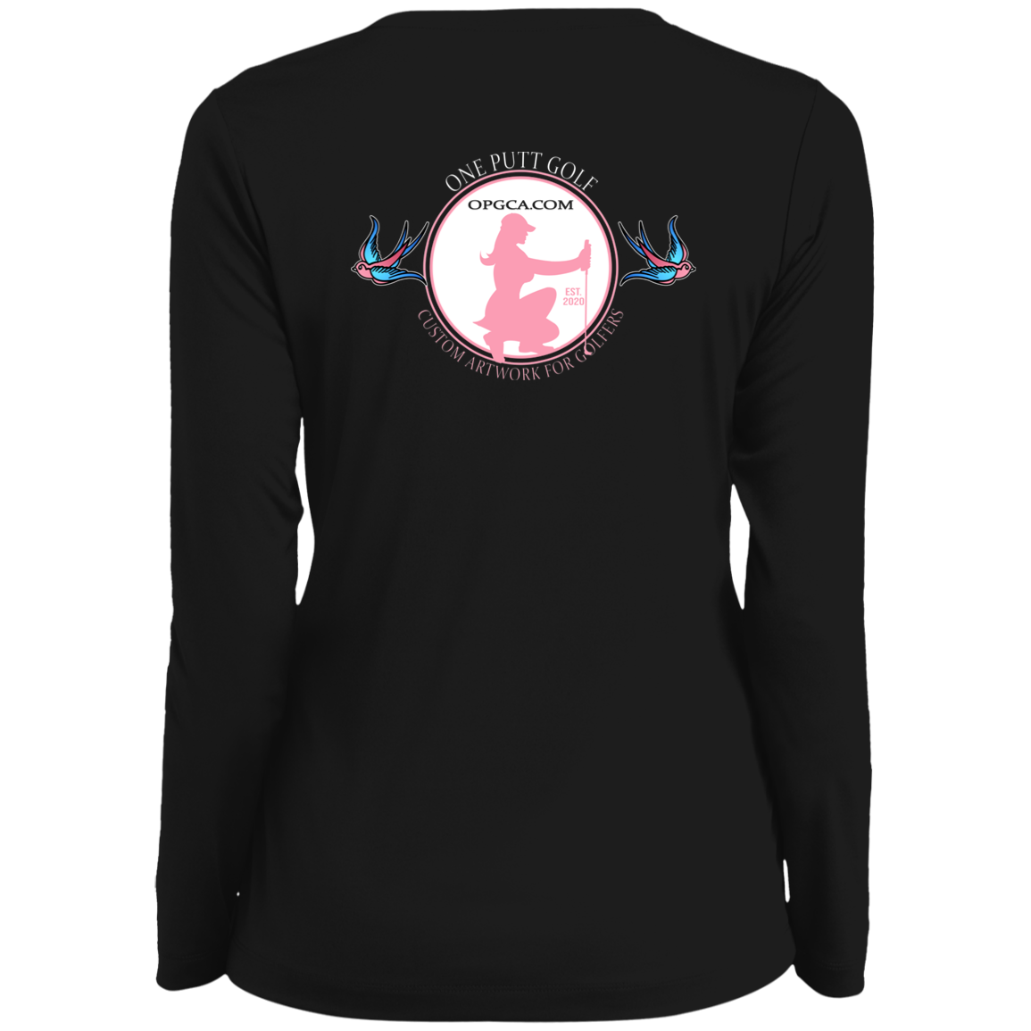 OPG Custom Design #25. Talk Birdie to Me. Ladies' Moisture-Wicking Long Sleeve V-Neck Tee