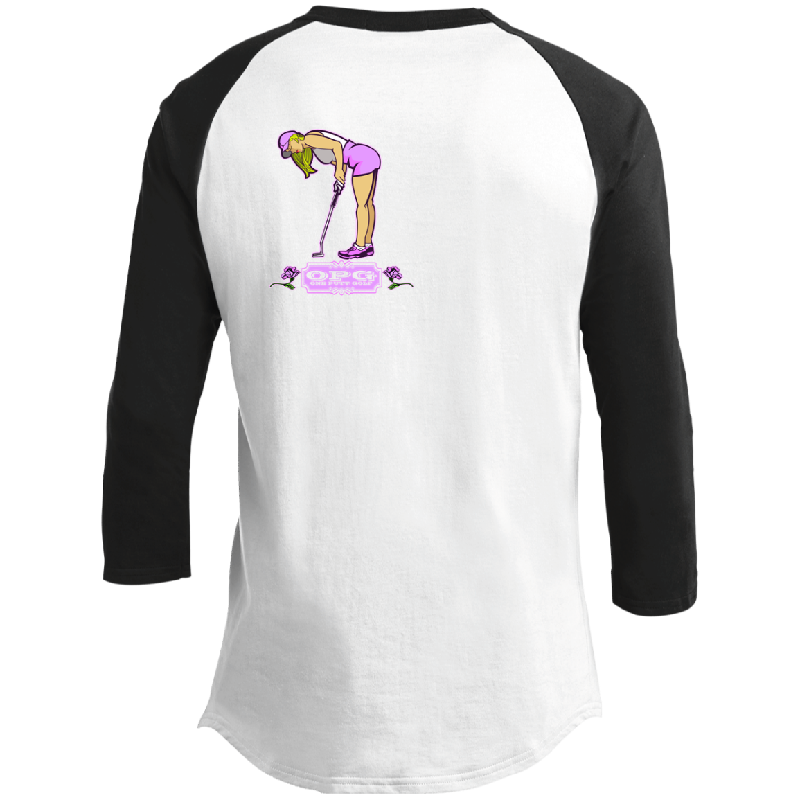 OPG Custom Design #13. Drive it. Chip it. One Putt Golf it. 3/4 Raglan Sleeve Shirt 100% Ringspun Combed Cotton