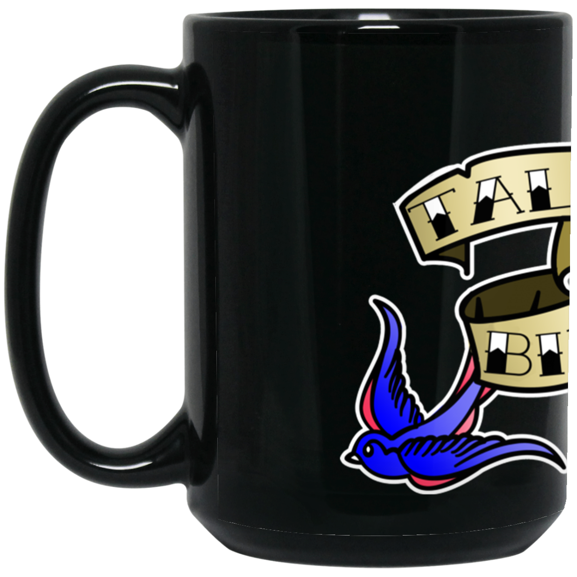 OPG Custom Design #17. Talk Birdie To Me. Female American Traditional Tattoo Style Design. Golf. 15 oz. Black Mug