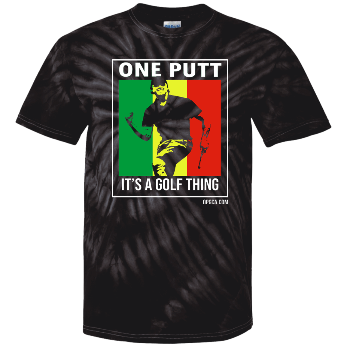 OPG Custom Design #22. One Putt / One Love Parody with Fan Art. Male Edition. 100% Cotton Tie Dye T-Shirt