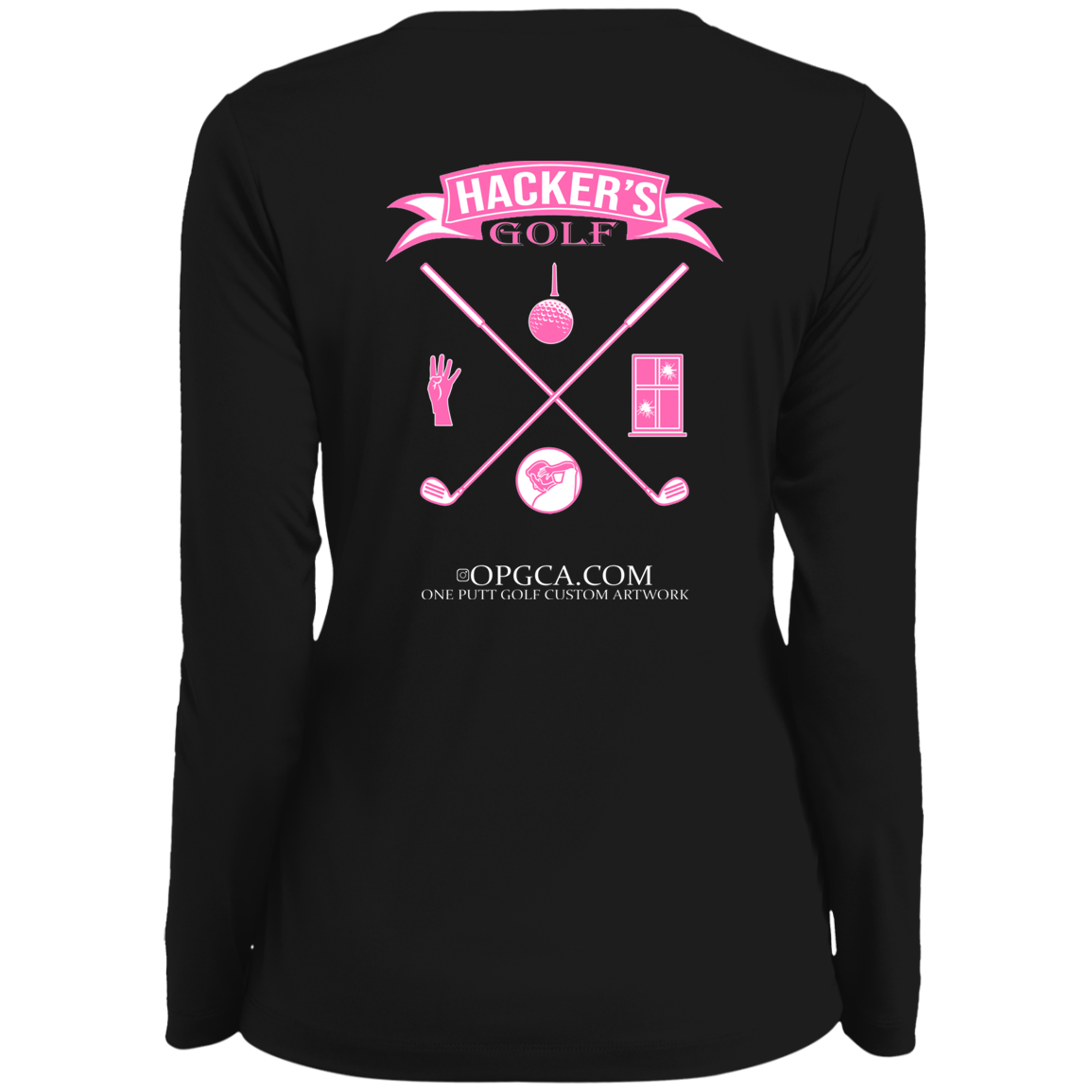 ZZZ#20 OPG Custom Design. 1st Annual Hackers Golf Tournament. Ladies Edition. Ladies' Moisture-Wicking Long Sleeve V-Neck Tee