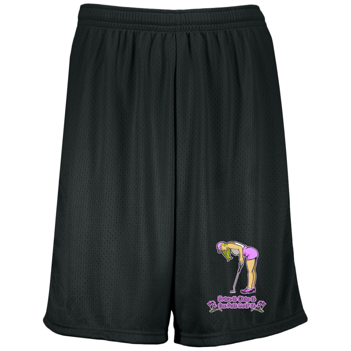 OPG Custom Design #13. Drive it. Chip it. One Putt Golf it. Moisture-Wicking 9 inch Inseam Mesh Shorts