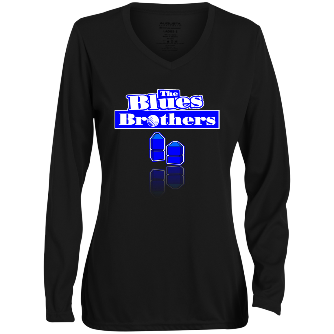 OPG Custom Design #3. Blue Tees Blues Brothers Fan Art. Ladies' Moisture-Wicking Long Sleeve V-Neck Tee