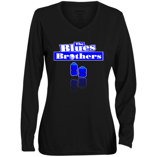 OPG Custom Design #3. Blue Tees Blues Brothers Fan Art. Ladies' Moisture-Wicking Long Sleeve V-Neck Tee