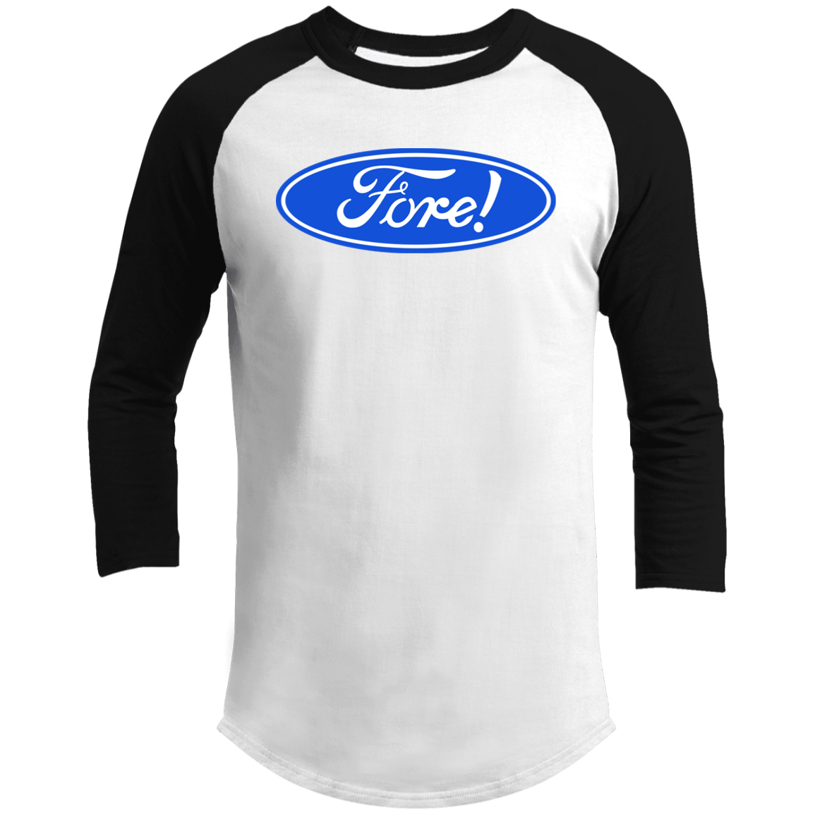 OPG Custom Design #11. Fore! Ford Parody. 3/4 Raglan Sleeve Shirt 100% Ringspun Combed Cotton