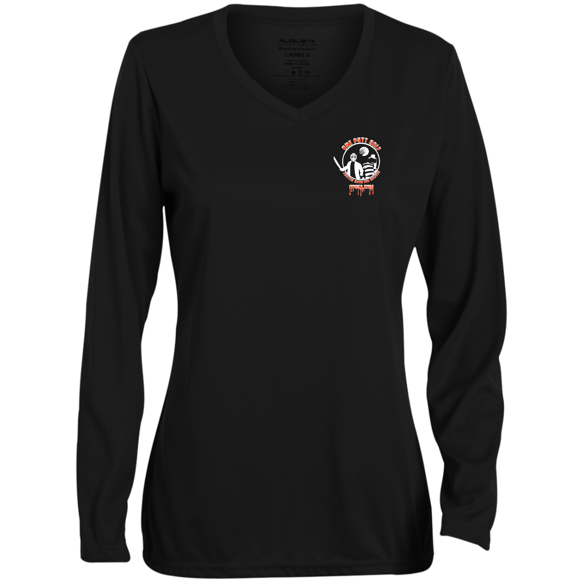 OPG Custom Design #23. Hack N Slice Golf. Freddy and Jason Fan Art. Ladies' Moisture-Wicking Long Sleeve V-Neck Tee