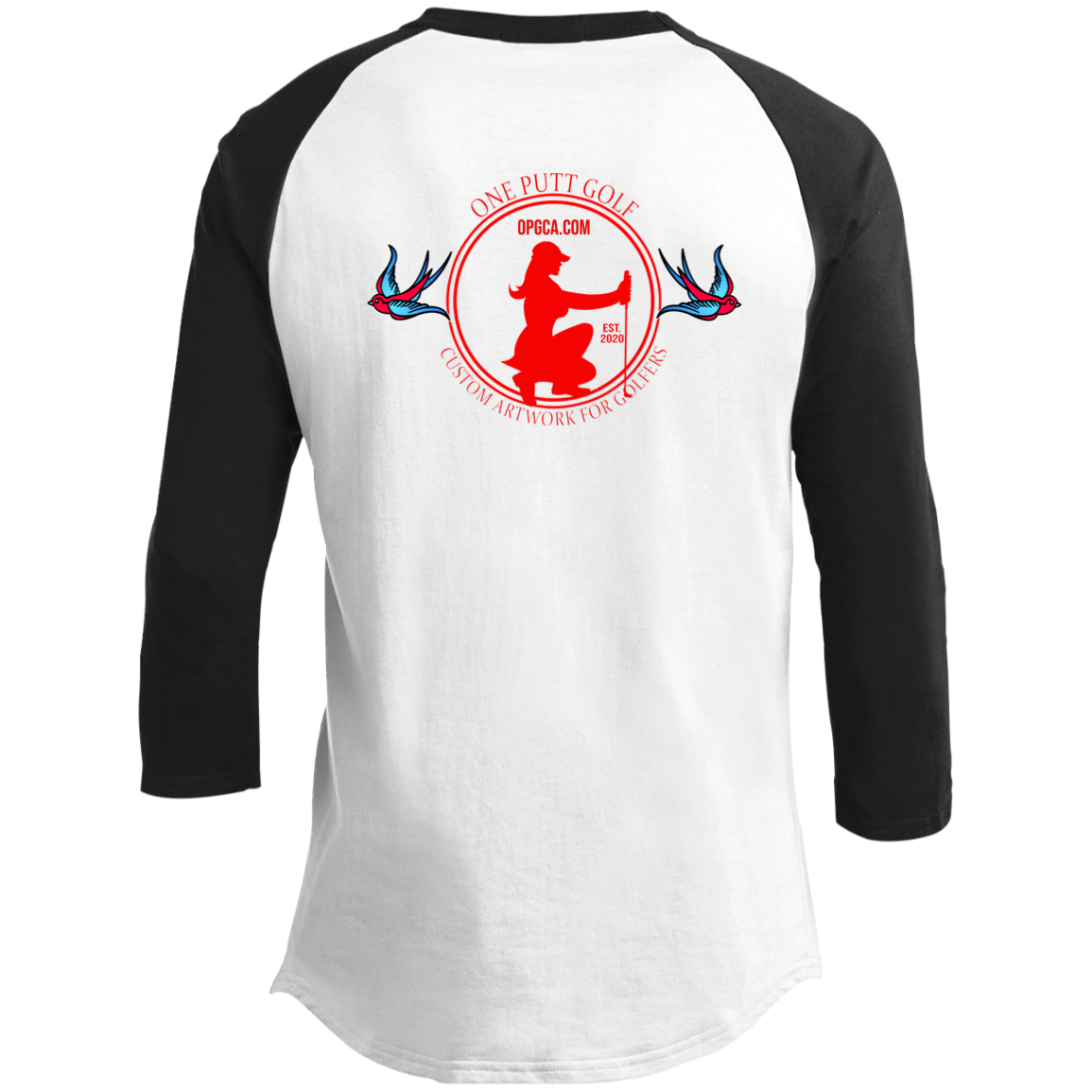 OPG Custom Design #25. Talk Birdie to Me. 3/4 Raglan Sleeve Shirt 100% Ringspun Combed Cotton