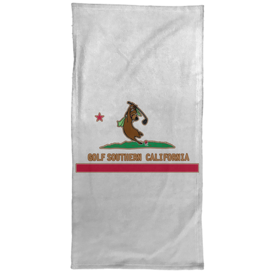 OPG Custom Design #9. Golf Southern California. California State Flag / Yogi Bear Playing Golf Parody. Hand Towel - 15x30