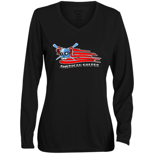 OPG Custom Design #12. American Golfer. Female Edition. Ladies' Moisture-Wicking Long Sleeve V-Neck Tee