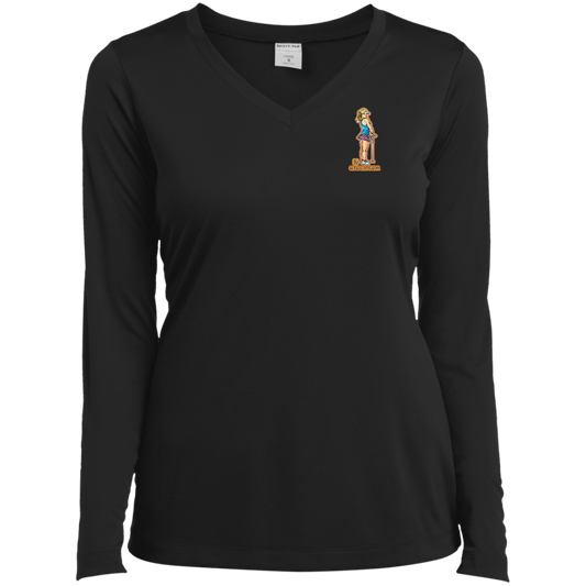 OPG Custom Design #28. Drive it. Chip it. One Putt golf it. Ladies’ Long Sleeve Performance V-Neck Tee