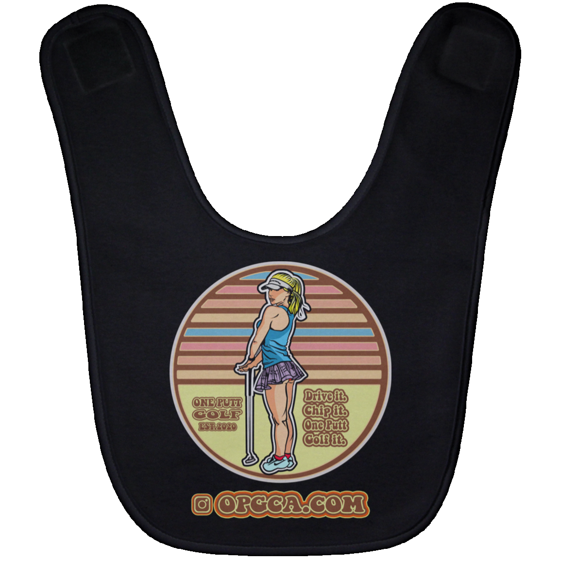 OPG Custom Design #28. Drive it. Chip it. One Putt golf it. Baby Bib