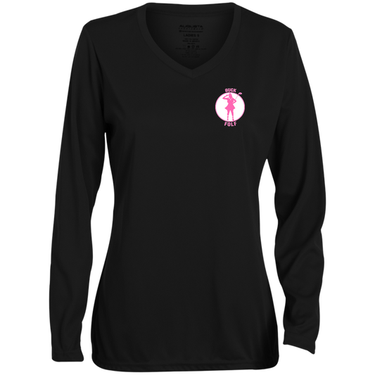 OPG Custom Design #19. GUCK FOLF. Female Edition. Ladies' Moisture-Wicking Long Sleeve V-Neck Tee