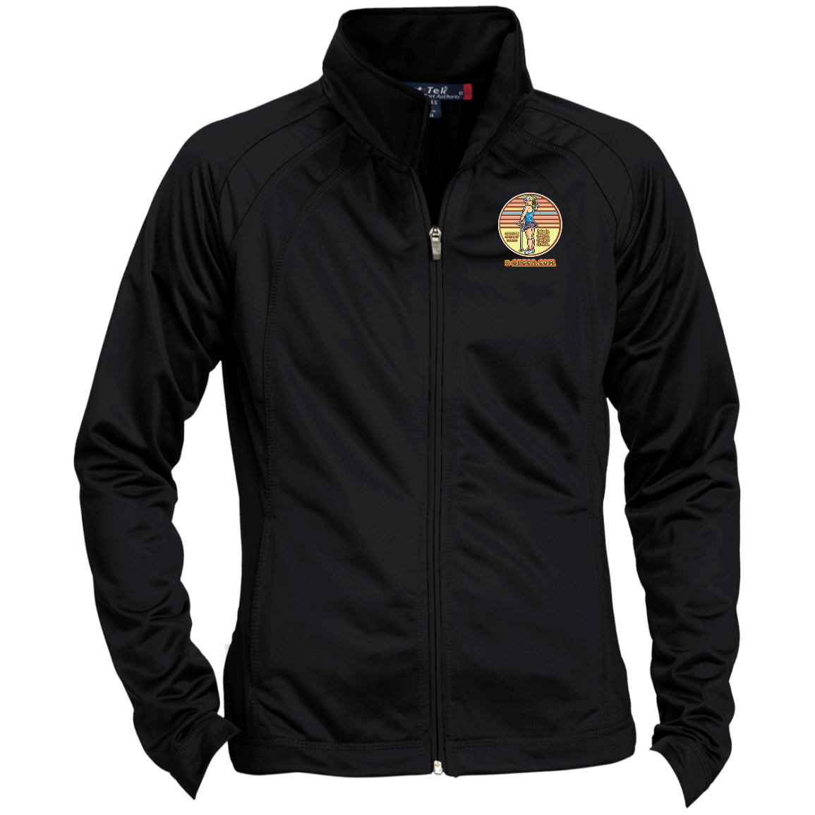 OPG Custom Design #28. Drive it. Chip it. One Putt golf it. Ladies' Raglan Sleeve Warmup Jacket