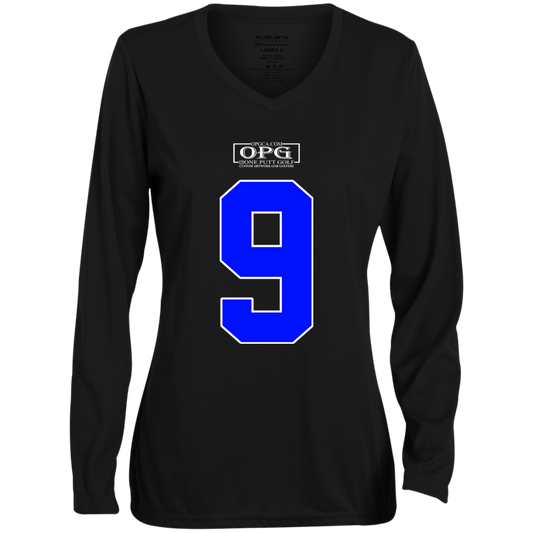 OPG Custom Design #17. Back 9. Ladies' Moisture-Wicking Long Sleeve V-Neck Tee