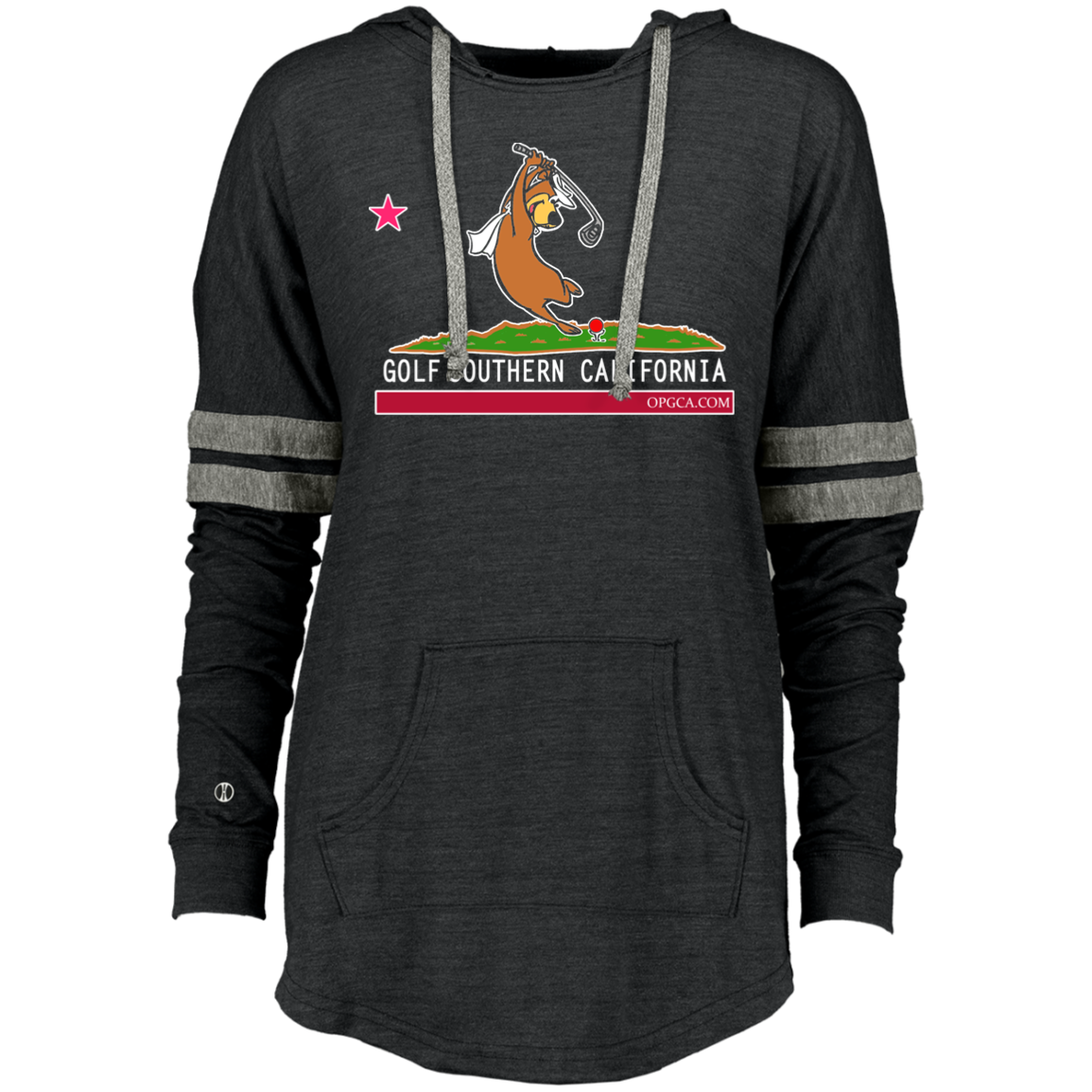 OPG Custom Design #15. Golf Southern California with Yogi Bear Fan Art. Ladies Hooded Low Key Pullover