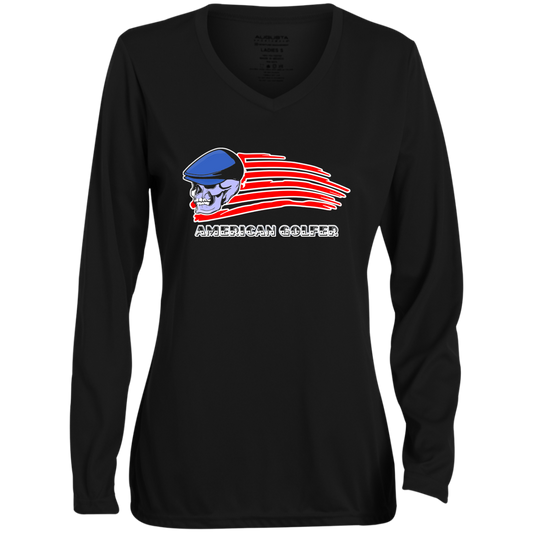 OPG Custom Design #12. Golf America. Male Edition. Ladies' Moisture-Wicking Long Sleeve V-Neck Tee