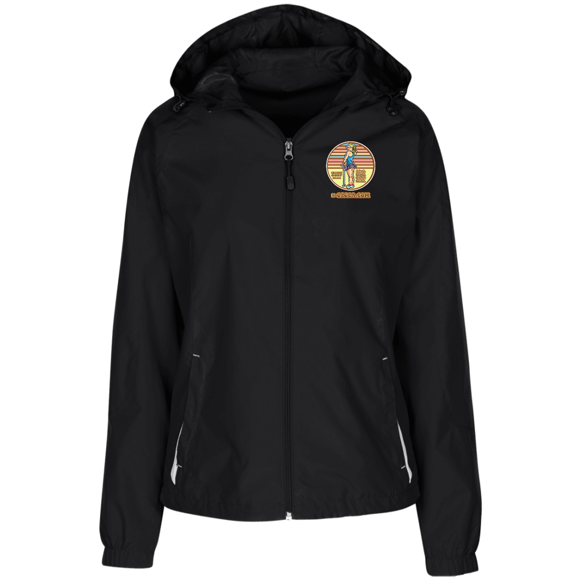 OPG Custom Design #28. Drive it. Chip it. One Putt golf it. Ladies' Jersey-Lined Hooded Windbreaker