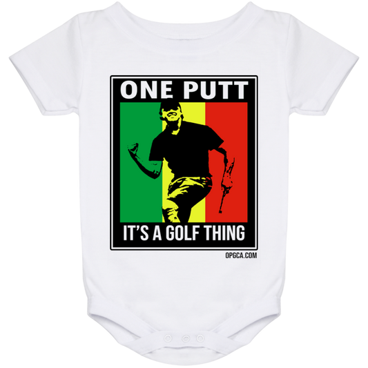 OPG Custom Design #22. One Putt. Bob Marley One Love Parody. Men's Edition. Baby Onesie 24 Month