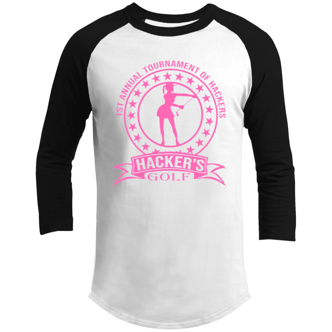 ZZZ#20 OPG Custom Design. 1st Annual Hackers Golf Tournament. Ladies Edition. 3/4 Raglan Sleeve Shirt 100% Ringspun Combed Cotton