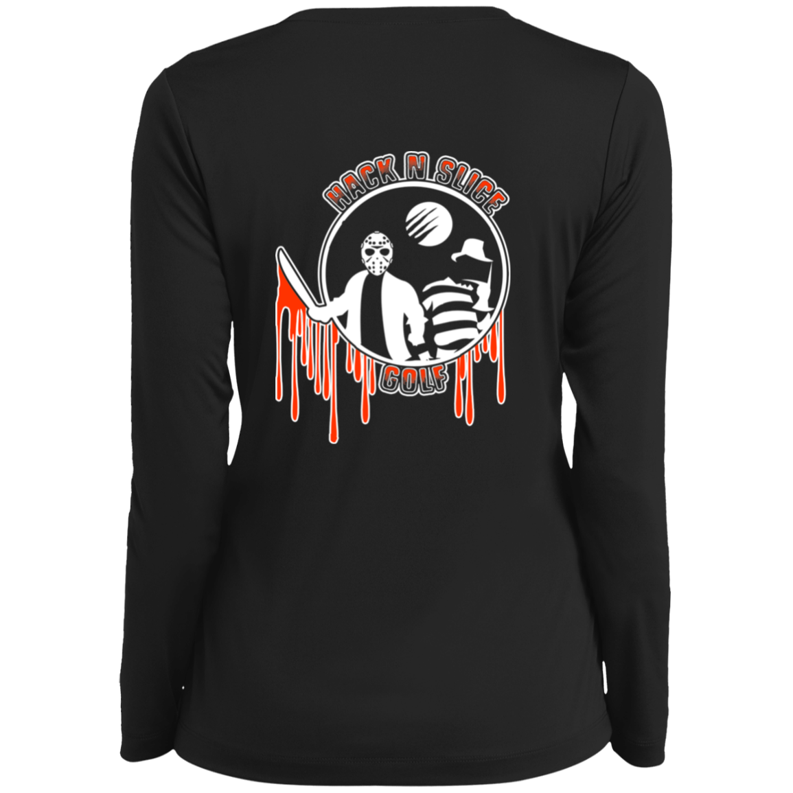 OPG Custom Design #23. Hack N Slice Golf. Freddy and Jason Fan Art. Ladies’ Long Sleeve Performance V-Neck Tee