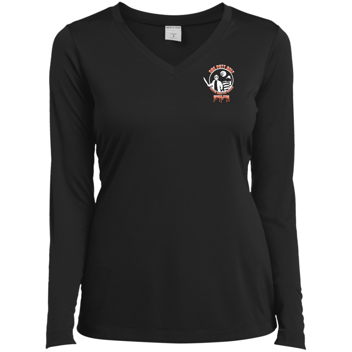 OPG Custom Design #23. Hack N Slice Golf. Freddy and Jason Fan Art. Ladies’ Long Sleeve Performance V-Neck Tee