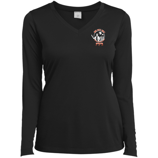 OPG Custom Design #23. Hack N Slice Golf. Freddy and Jason Fan Art. Ladies’ Long Sleeve Performance V-Neck Tee