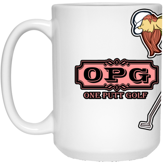 OPG Custom Design #7. One Putt Golf Brand. Female Golfer. Golf. 15 oz. White Mug