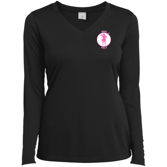 OPG Custom Design #19. GUCK FOLF. Female Edition. Ladies’ Long Sleeve Performance V-Neck Tee