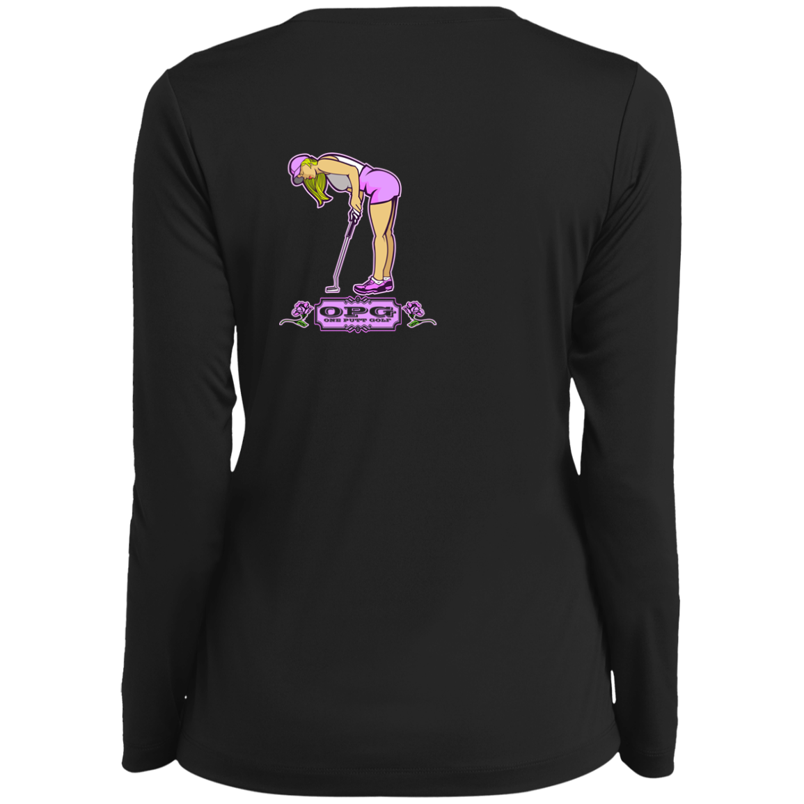 OPG Custom Design #13. Drive it. Chip it. One Putt Golf it. Ladies’ Long Sleeve Performance V-Neck Tee