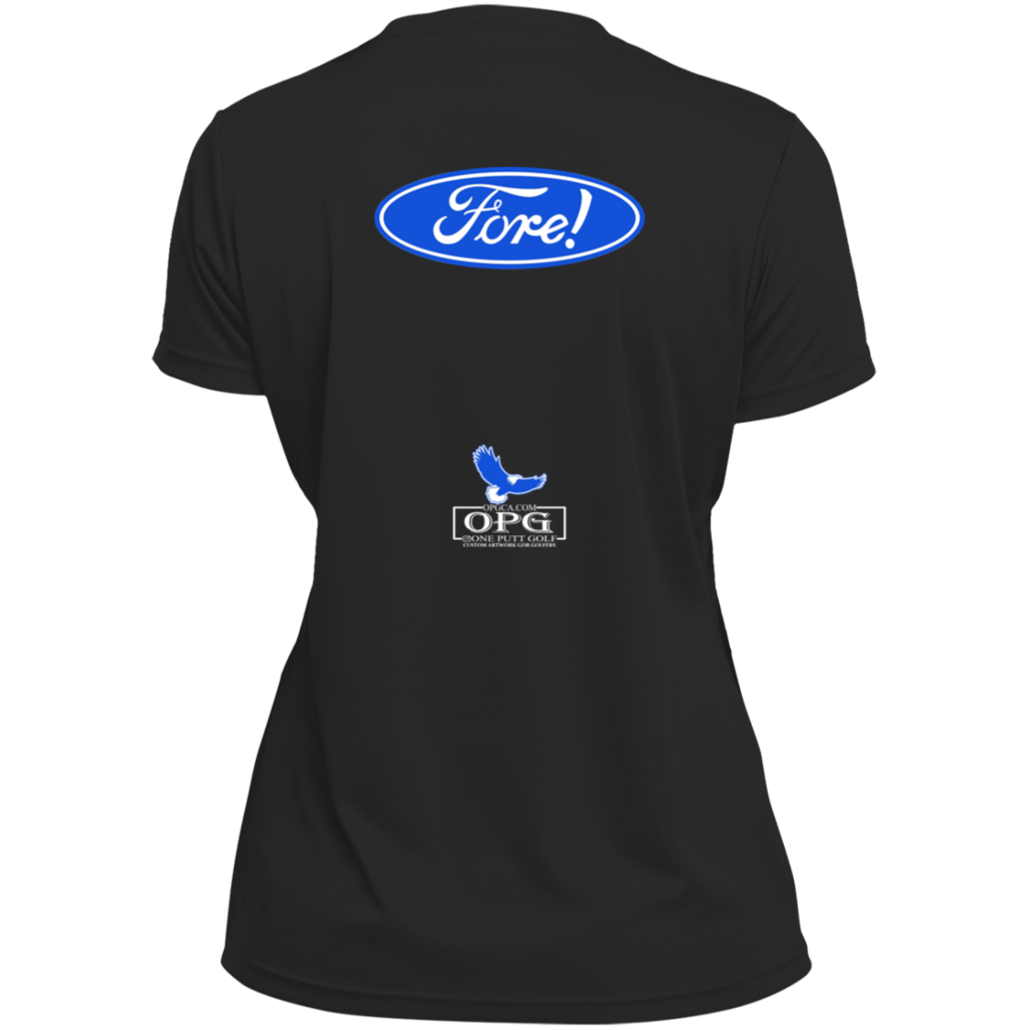 OPG Custom Design #11. Fore! Ford Parody. Ladies’ 100% polyester V-Neck Tee