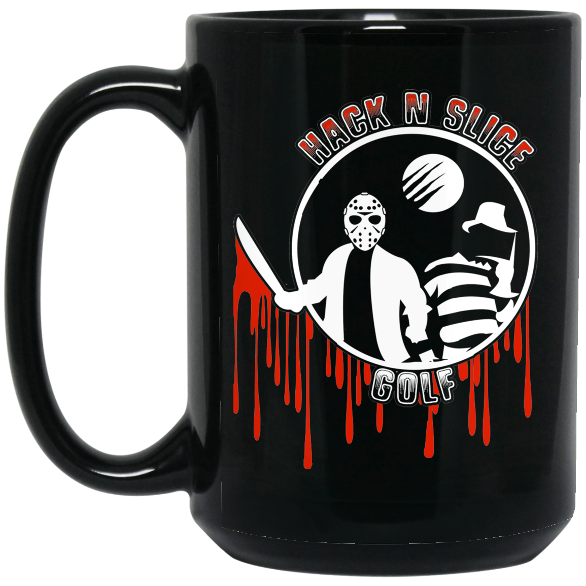 OPG Custom Design #23. Hack N Slice Golf. Freddy and Jason Fan Art. 15 oz. Black Mug