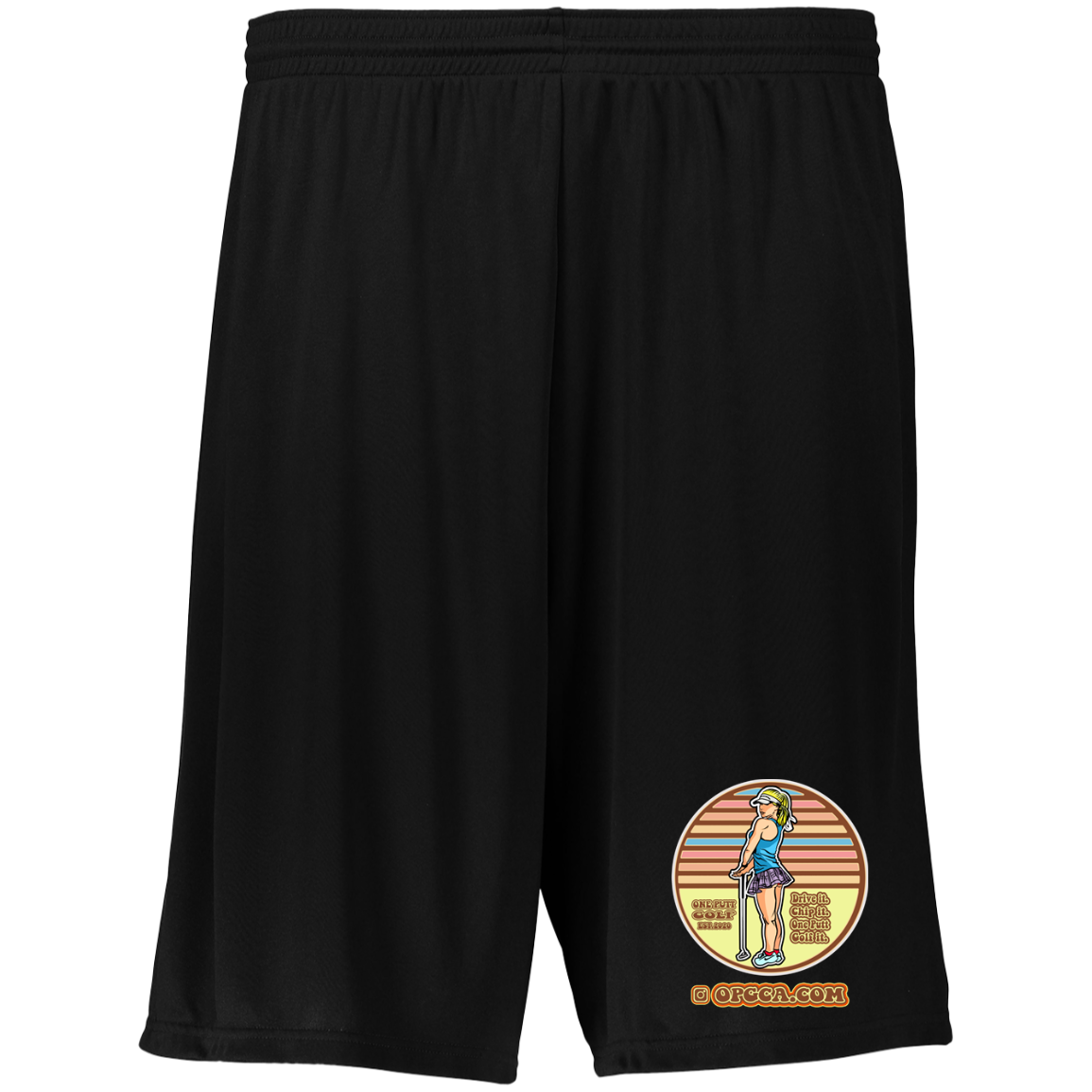 OPG Custom Design #28. Drive it. Chip it. One Putt golf it. Moisture-Wicking 9 inch Inseam Training Shorts