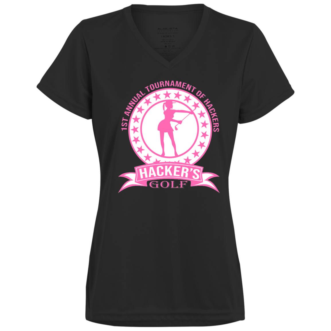 ZZZ#20 OPG Custom Design. 1st Annual Hackers Golf Tournament. Ladies Edition. Ladies’ 100% polyester V-Neck Tee