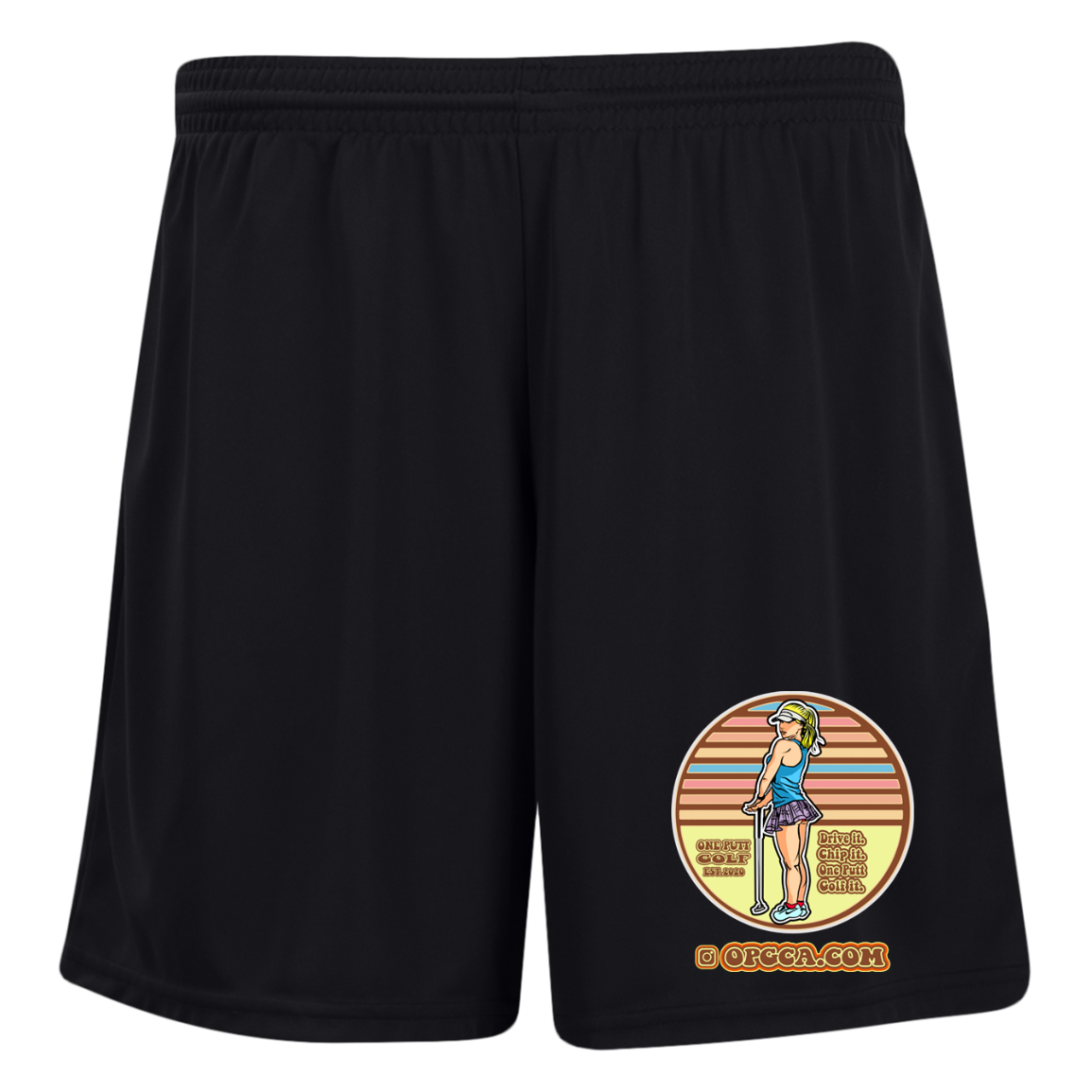 OPG Custom Design #28. Drive it. Chip it. One Putt golf it. Ladies' Moisture-Wicking 7 inch Inseam Training Shorts