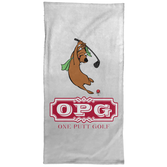 OPG Custom Design #9. Golf Southern California. California State Flag / Yogi Bear Playing Golf Parody. Hand Towel - 15x30