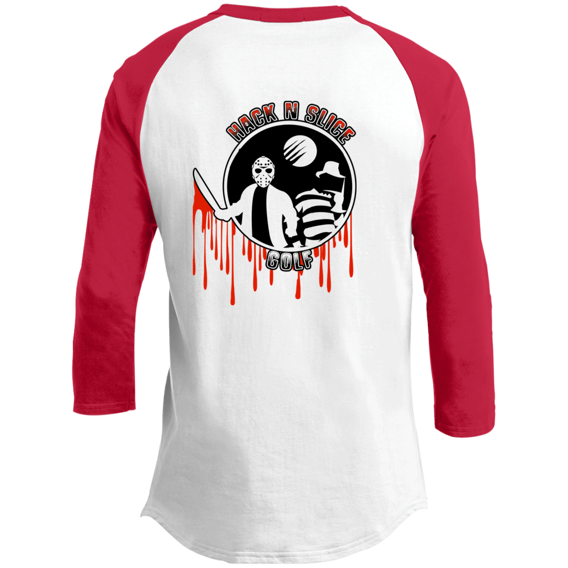 OPG Custom Design #23. Hack N Slice Golf. Freddy and Jason Fan Art. Youth 3/4 Raglan Sleeve Shirt