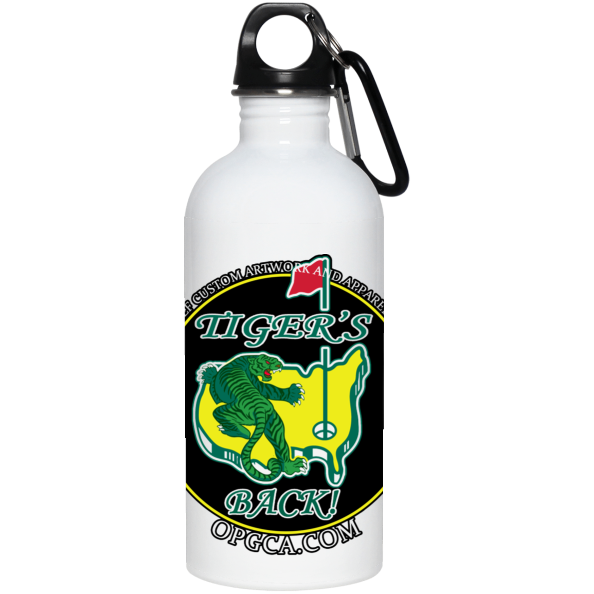 OPG Custom Design #26. Tiger Woods Fan Art. 2019 Master's Champion. Tiger's Back. 20 oz. Stainless Steel Water Bottle