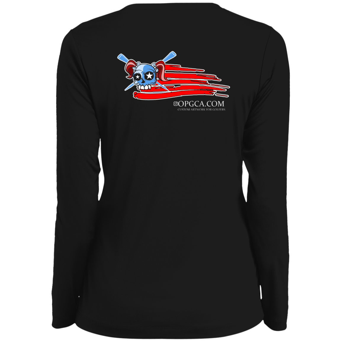 OPG Custom Design #12. American Golfer. Female Edition. Ladies' Moisture-Wicking Long Sleeve V-Neck Tee