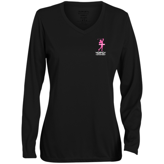 OPG Custom Design #16. Get My Nine. Female Version. Ladies' Moisture-Wicking Long Sleeve V-Neck Tee