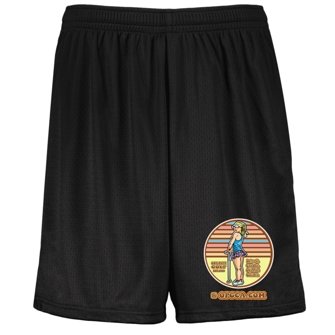 OPG Custom Design #28. Drive it. Chip it. One Putt golf it. Youth Moisture-Wicking Mesh Shorts