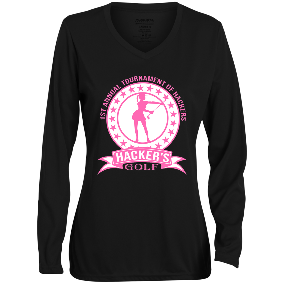 ZZZ#20 OPG Custom Design. 1st Annual Hackers Golf Tournament. Ladies Edition. Ladies' Moisture-Wicking Long Sleeve V-Neck Tee