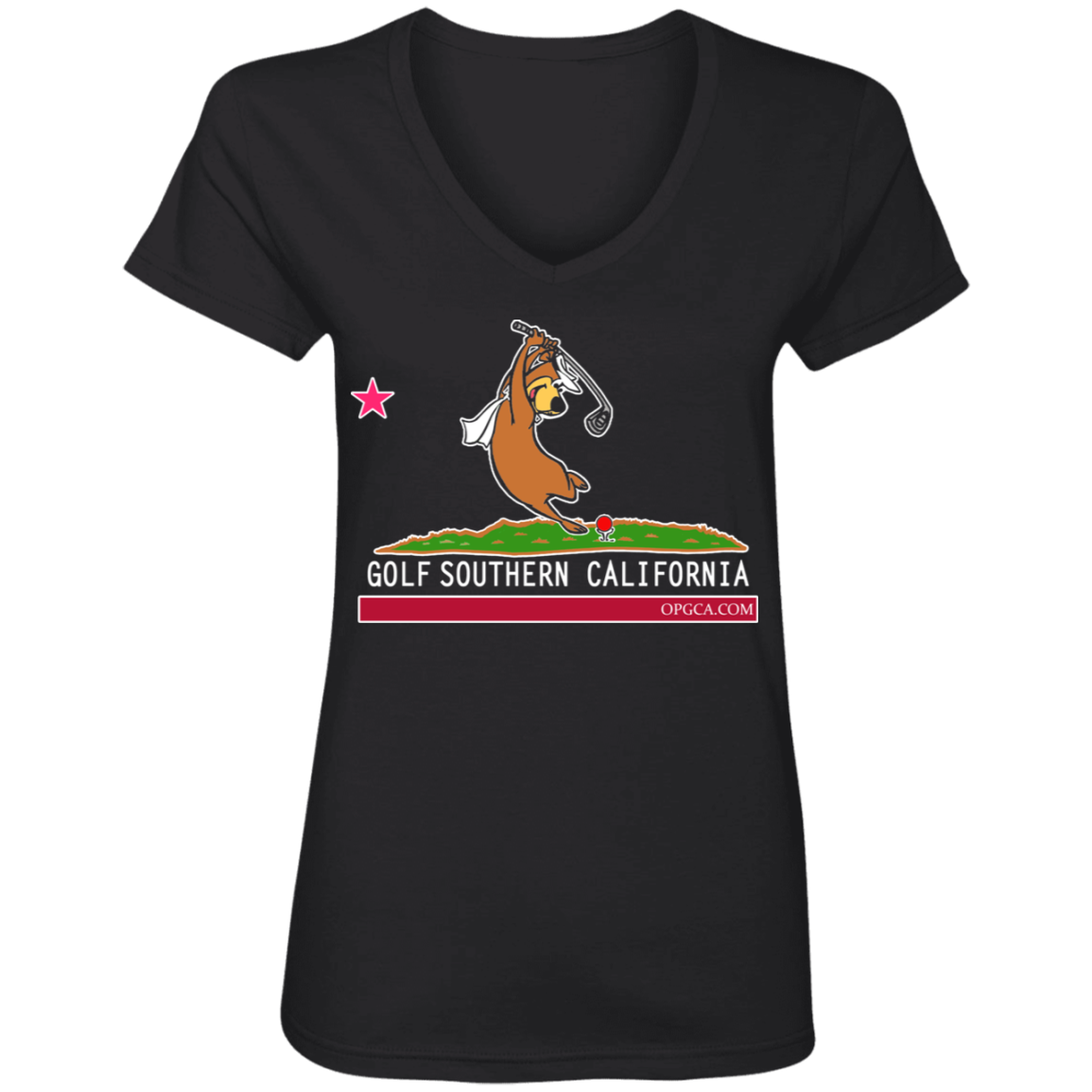 OPG Custom Design #15. Golf Southern California with Yogi Bear Fan Art. Ladies' V-Neck 100% Ring Spun Cotton T-Shirt