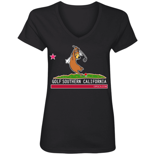 OPG Custom Design #15. Golf Southern California with Yogi Bear Fan Art. Ladies' V-Neck 100% Ring Spun Cotton T-Shirt